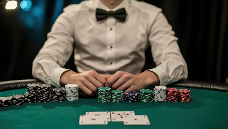 Visual glamor dari meja kasino live dengan dealer profesional berinteraksi